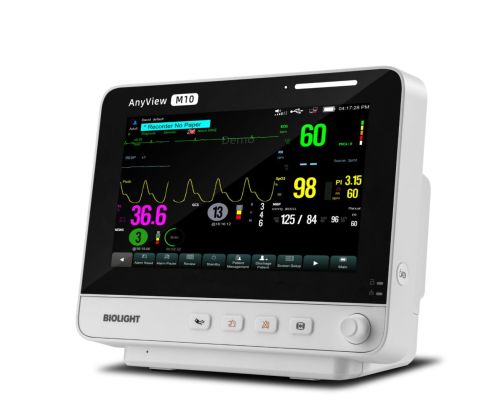Pacientský monitor M10 Biolight Kardiomonitor M10 Biolight z 10,4-calowym ekranem dotykowym monitoruje EKG, SpO₂, NIBP, oddech i temperaturę. Lekki, mobilny, z funkcją rozpoznawania arytmii i długą pracą na baterii – idealny do opieki weterynaryjnej i medycznej.