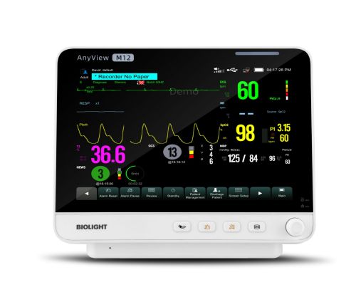 Pacientský monitor M12 Biolight Kardiomonitor M12 Biolight z ekranem 12,1” monitoruje EKG, SpO₂, NIBP, oddech i temperaturę. Lekki, mobilny i precyzyjny — idealny do intensywnego nadzoru pacjentów.
